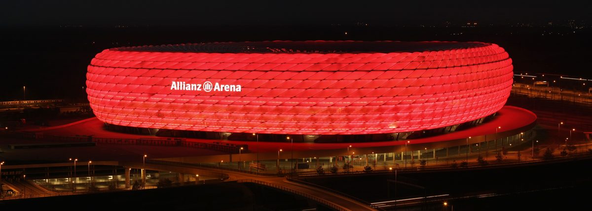The Allianz Arena in Munich lit up in red at night