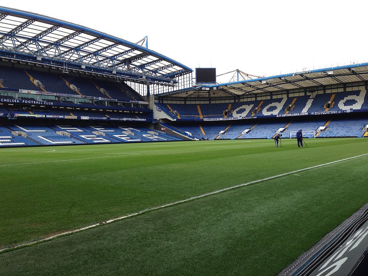 The pitch and stands at Stamford Bridge, Chelsea's home ground in London