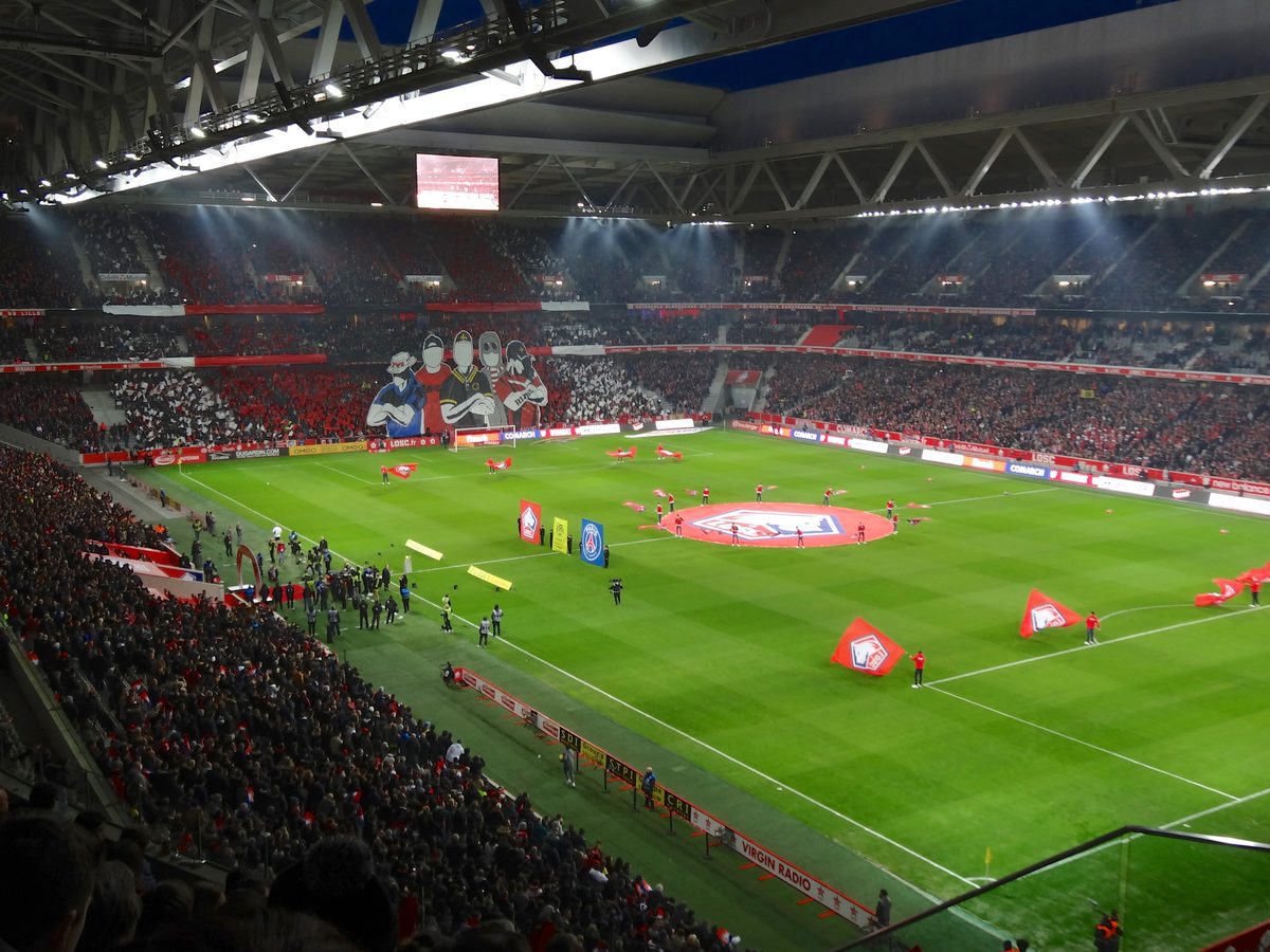 The pitch and stands at the Stade Pierre-Mauroy, Lille's home ground, on a match night